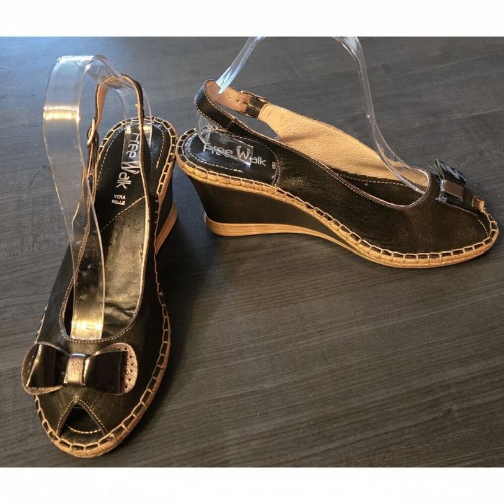 Black Heel Wedge Open Toe Leather Espadrilles Sandals Size 8